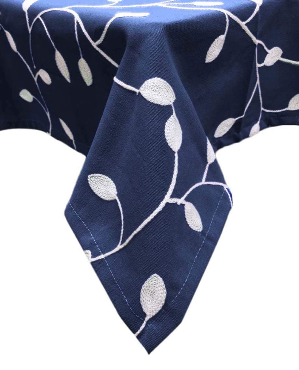 Molaxhome Table Cloths Rectangle Grey Cotton 55x86'',Leaf Embroidered Dust-Proof Tablecloths for Kitchen Dinning Table (53Wx70L, Navy)