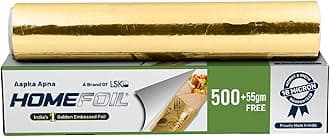 HOMEFOIL 500+55 gm Free Golden Embossed Converted Aluminium Foil | 18 Micron Thickness | Ideal for Food Wrapping, Packing, Storing and Serving | 38.56 Meters Net Guaranteed Length