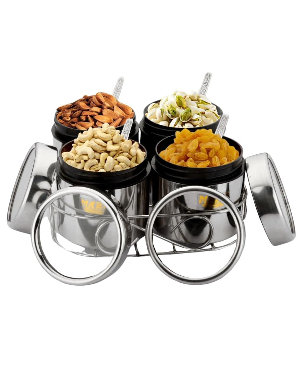 - Stainless Steel Multipurpose Storage Container Set 350ml Each with See-through Lids & Wirestand, Ideal for Storing Dry Fruits, Spices, & Seasonings, Elegant Spice Jars for Kitchen Organization,