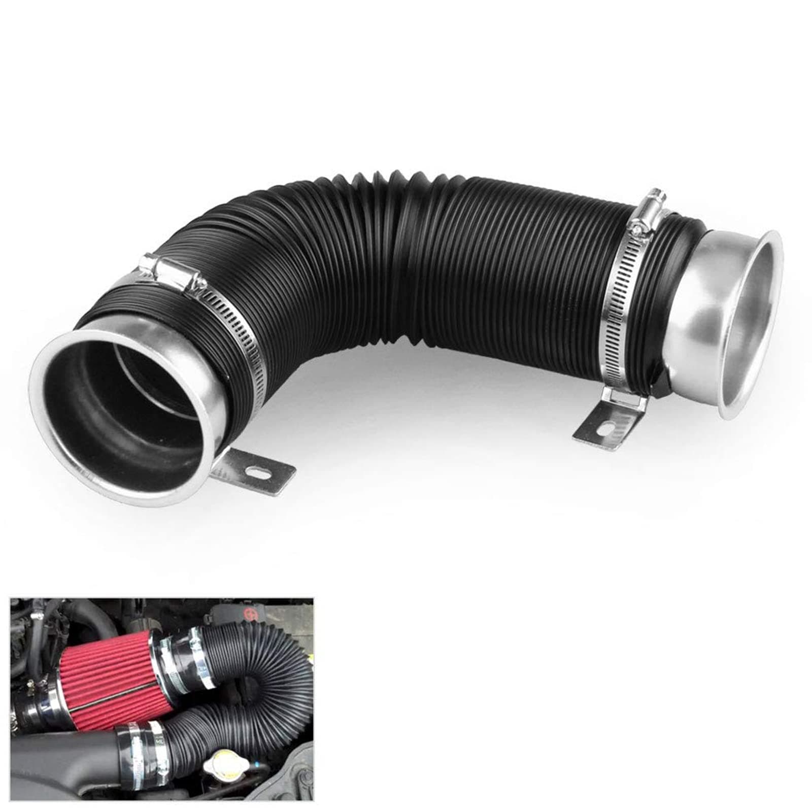 Sporacingrts Universal Multi Adjustable 77mm Flexible Cold Air Intake Pipe Inlet Hose Turbo Multi Flexible Air Intake Pipe Silver Connector Compatible with Universal Car