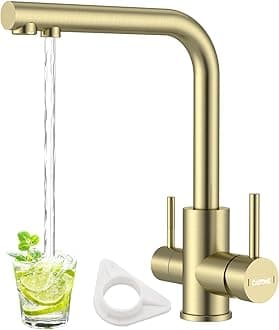 DAYONE Brushed Gold 3 Way Water Filter Tap, Triflow Drinking Water Tap, SUS304 Stainless Steel 360 Swivel Sink Mixer Tap, Dual Lever 3 in 1 Kitchen Sink Mixer, UK G1/2'' Kitchen Faucet