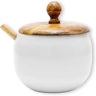 GoCraft Sugar Bowl with Wooden Lid and Spoon for Home and Kitchen, Drum Shape (Shiny White Finish)