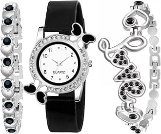 Acnos White Dial Diamond Pink Analog Watch Love Heart Diamond Bracelet for Girls Best Design Butterfly Combo 3 Pack of 3
