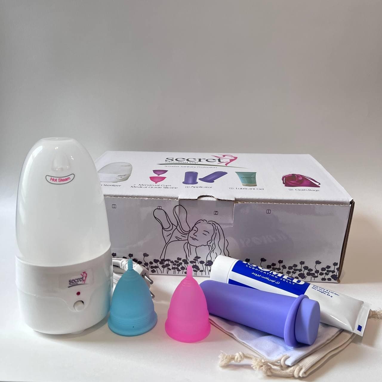 Menstrual Combo Pack - Secret Menstrual cup (sterilizer, menstrual cup small + Large, applicator, cloth bags) (Small+Large cups)