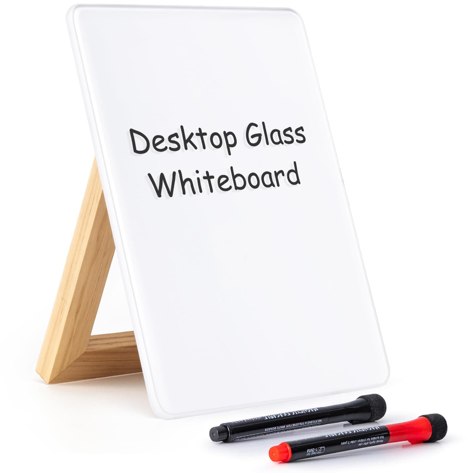 ARCOBIS Desktop Glass Whiteboard with Reversible Solid Wood Stand, 9.5" x 6.8" Small Glass Dry Erase Board with 2 Markers, Desk White Board Easel, Glass Notepad for Office, Home, White