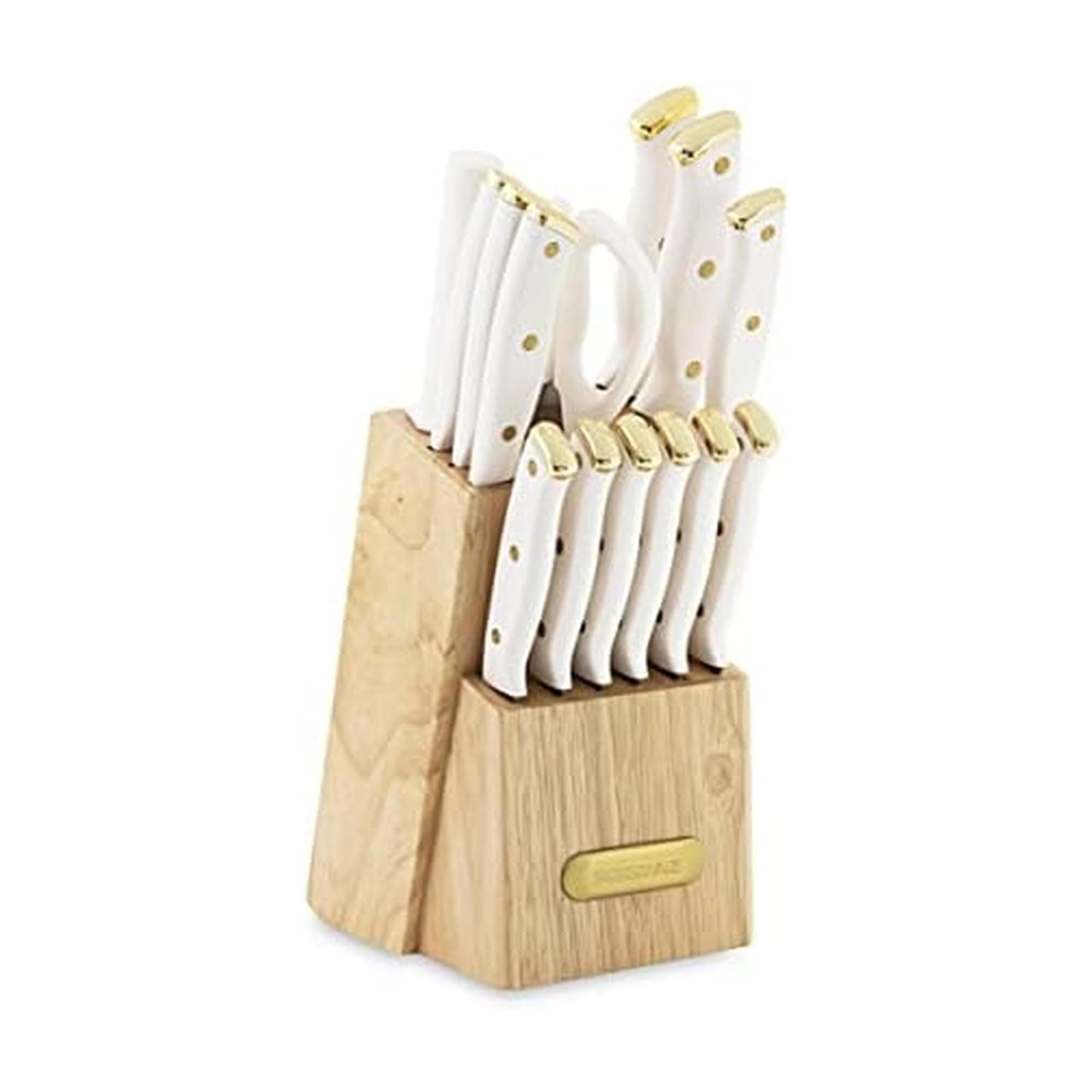 FARBERWARE 15-Piece Knife Block Set, Triple-Riveted High-Carbon Stainless Steel Kitchen Knives, Razor Sharp Blades, Wood Storage Block, White/gold
