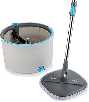 Opti-Clean Spin Mop, 360° Spin & Rinse & Wringing System, Reusable Powerful Microfibre Velcro Pad, Dual Cavity 2L Bucket with Sturdy Handle, Light Grey Bucket with Dark Grey Trim & Blue Accents