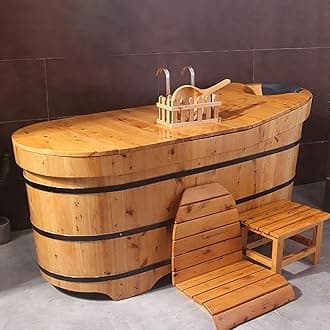 MegLob Mobile Free Standing Wooden Bathtub with Bath Tray, Solid Wood Bathtub Lit, Spa Deep Soaker with Tub Chair, Classic Japanese Body Soaking Barrel with Lid/Pop-Up Drain,120cm/47.24" [Energy Class A]