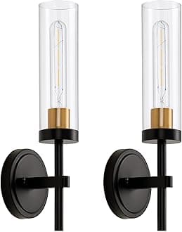 Hardwired Wall Sconces Set of Two, Black and Gold Bathroom Vanity Sconces Wall Lighting with Clear Glass Shade, Modern Farmhouse Wall Mount Lights for Mirror Bedroom Living Room Hallway Kitchen