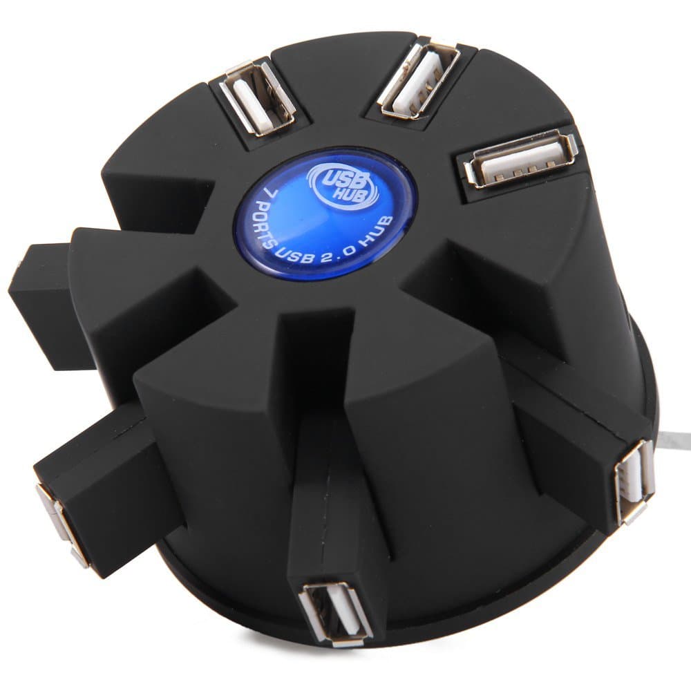 Cylinder Shape Folding 480Mbps 7-Port USB 2.0 Hub with LED Indicator Light for PC Laptops Tablets(Black)