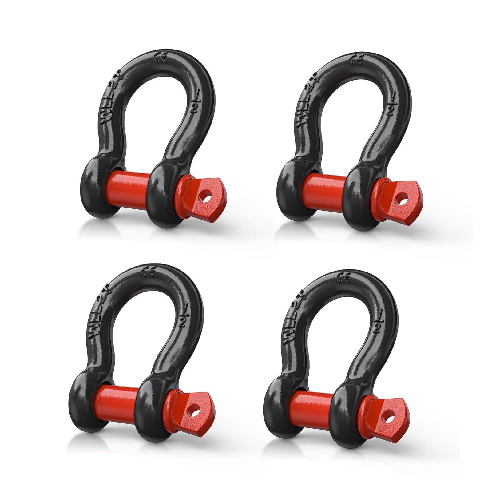 4 Pack Small Shackles 1/2" D-Ring Shackle 2 Ton (4409 lbs) Capacity Heavy Duty Off Road Recovery Shackle Kit for Cars and Other Applications for Tie Downs, Black Red