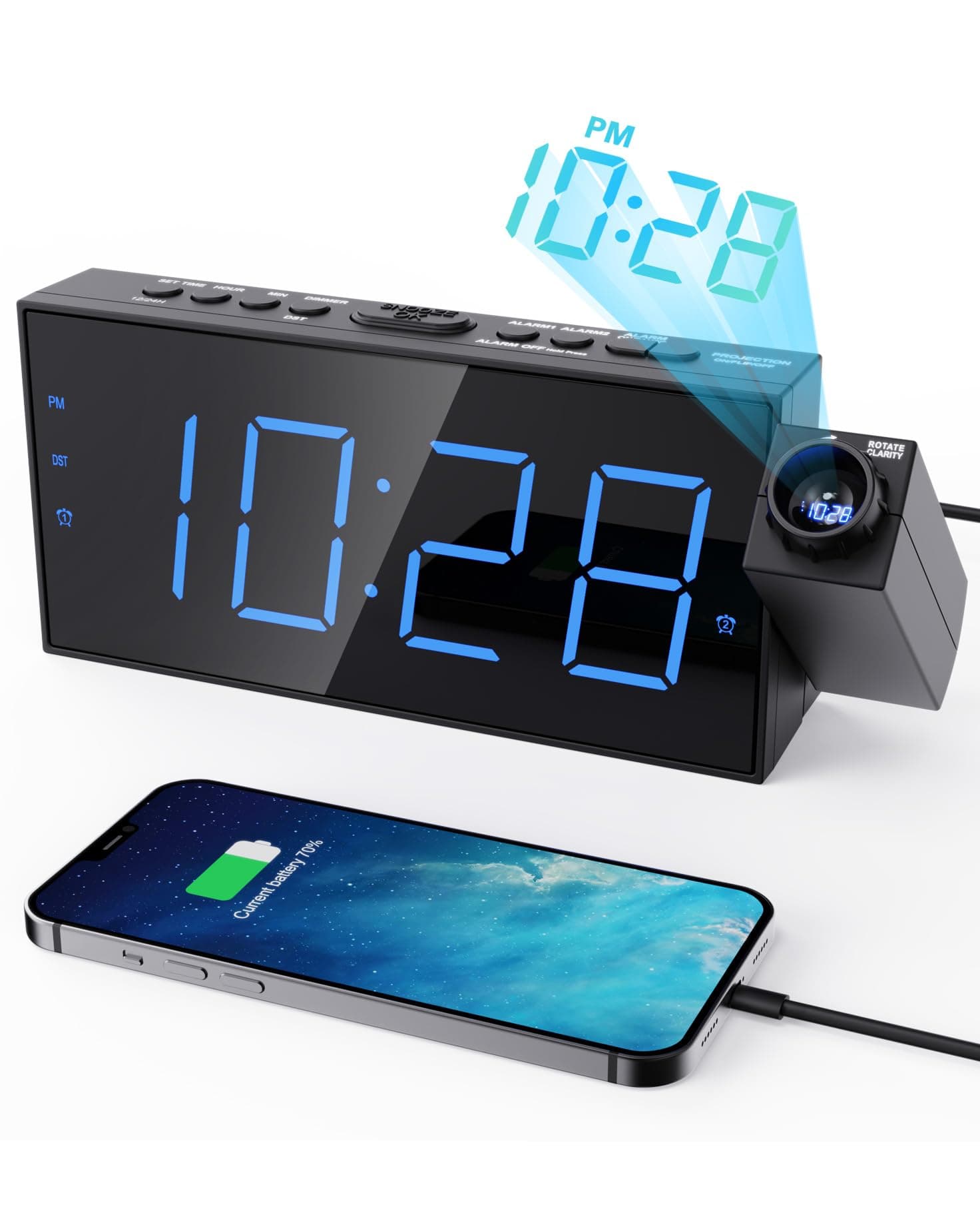 Projection Alarm Clock for Bedroom,LED Digital Clock Projection on Ceiling Wall with USB Phone Charging,Battery Backup,180°Projector& Dimmer,12/24H,DST,Snooze,Dual Loud Bedside Clock for Heavy Sleeper