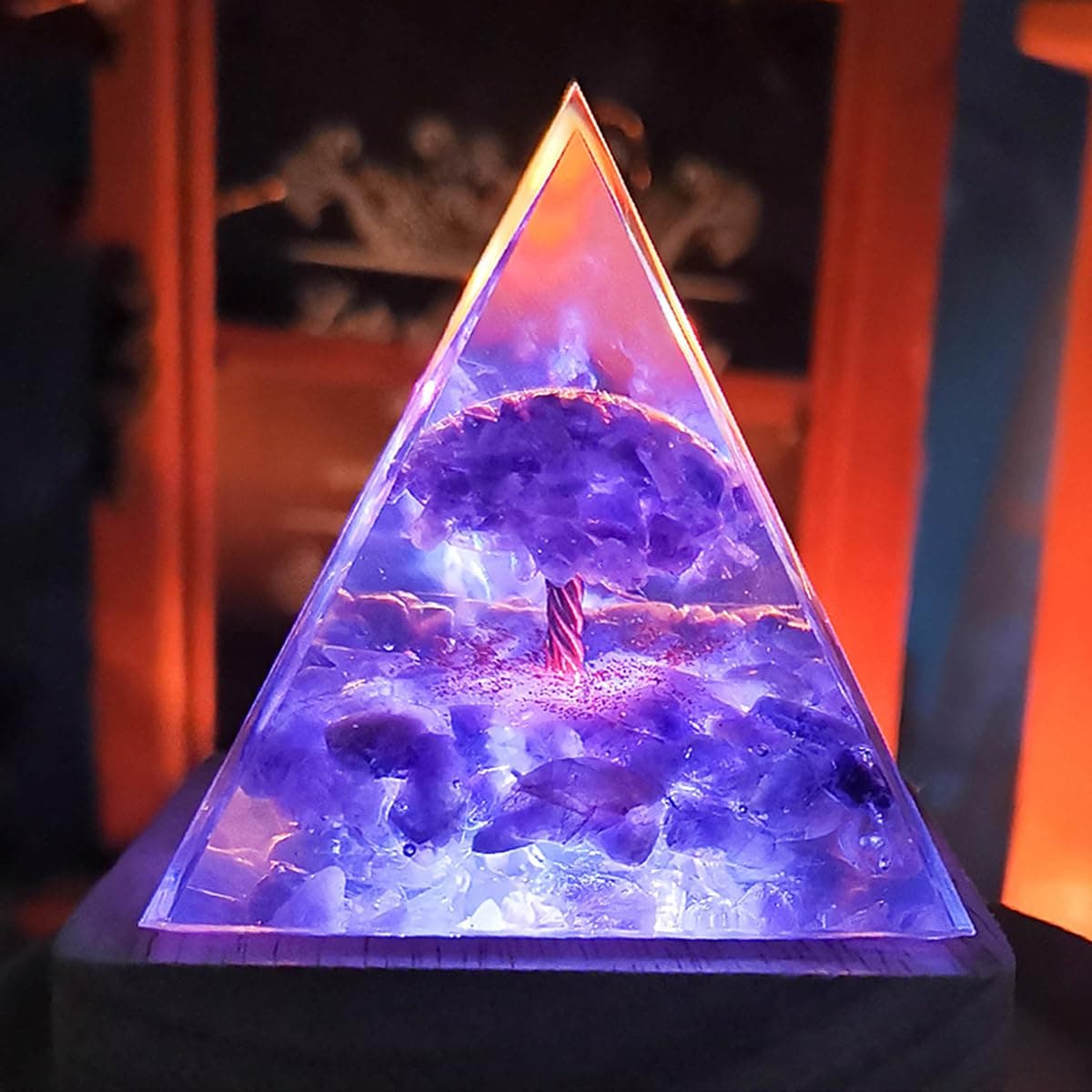 Orgonite Amethyst Pyramid with Light Base for Healing Chakra Crystal Meditation Tree Life Stone Charged Energy Generator for Positive Success Growth Powerful Strength Prosperity Wealth (Sun)