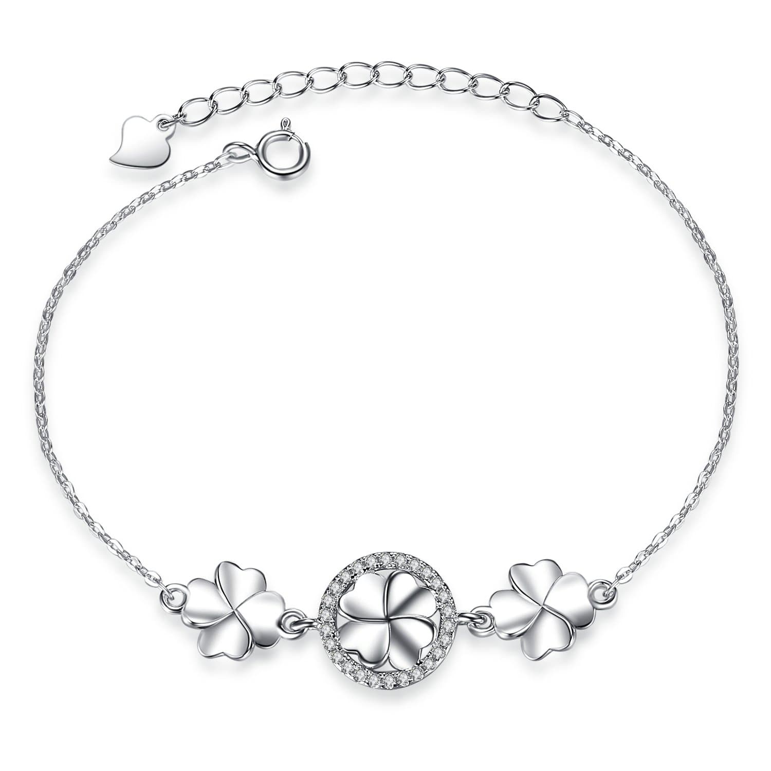 Sterling Silver Simple Crystal Good Luck Four Leaf Clover Link Chain Bracelet for Women