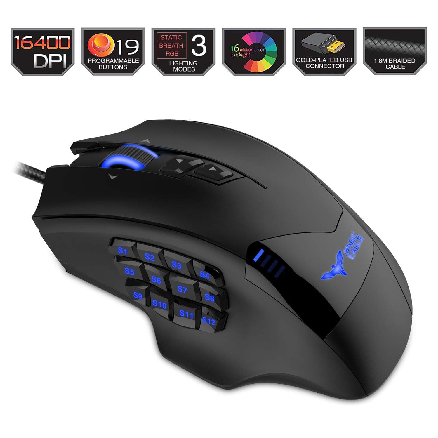 HAVIT HV-MS735 16400 DPI 19 Programmable Buttons High Precision RGB LED MMO Mouse with Side Buttons Wired Gaming Mice with Optical Sensor Pixart PMW3360
