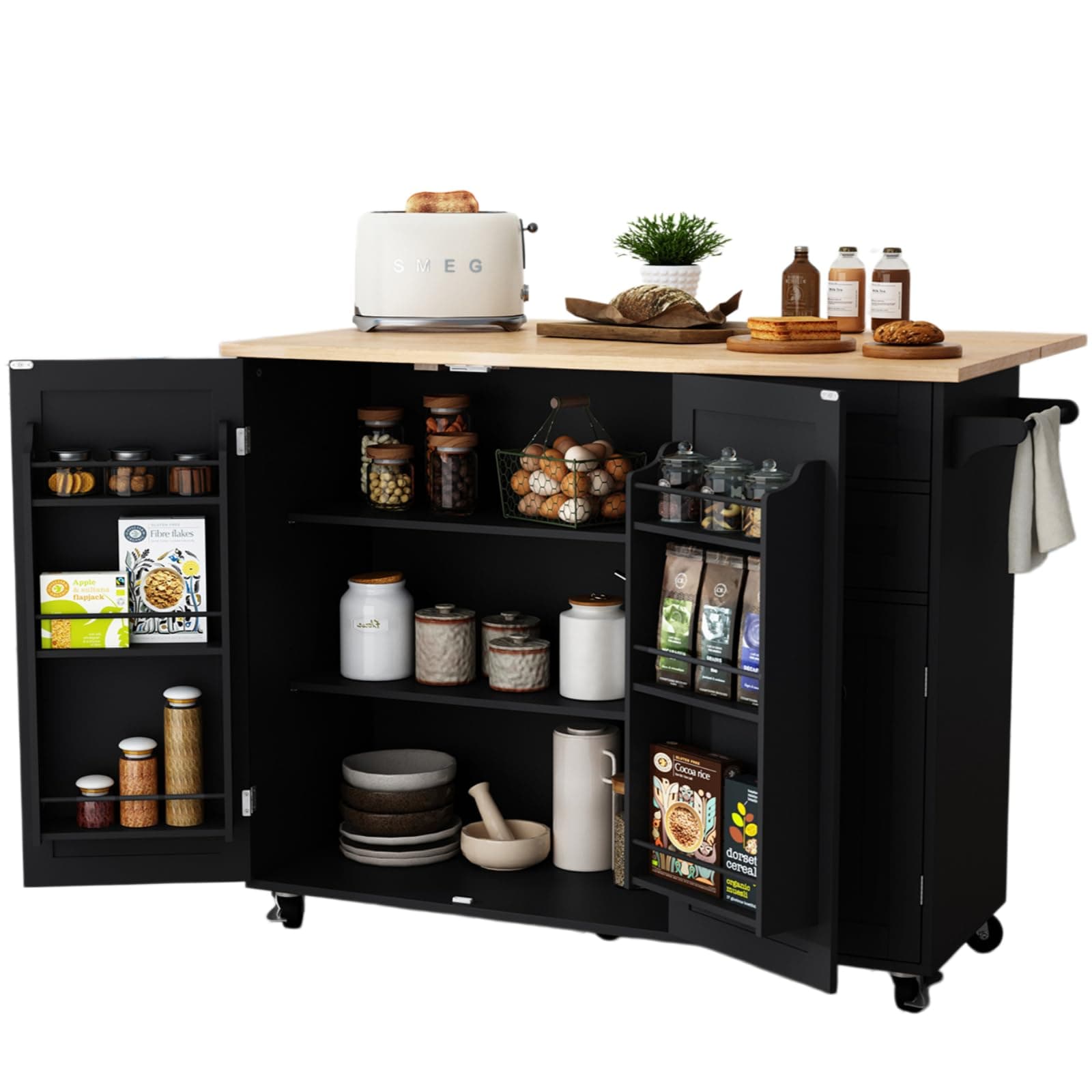 HLR Kitchen Island with Storage, Black Rolling Kitchen Island on Wheels with Drop-Leaf Bar Countertop, Island Table for Kitchen with Side Open Spice Rack and Tower Rack, Extra Storage for Kitchen