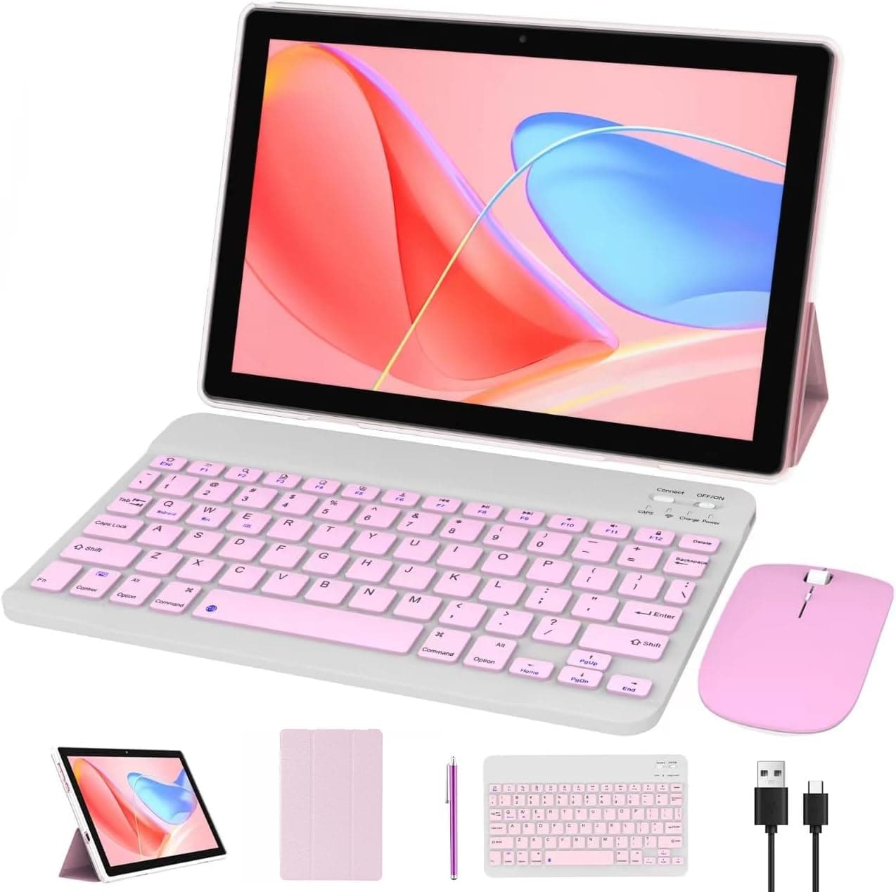 Tablet 10 Inch Android 14 Tablets 2 in 1 Tablet With Keyboard 64GB+8GB RAM 10.1" Tablets 8MP Camera 6000mAh Battery, Include Keyboard/Mouse/ Case/ Stylus Pen/Bluetooth Wifi-6 Tab Pink/Girl Tablet PC