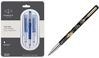Parker Calligraphy CT Fountain Pen (Blue) Moments Vector Timecheck Gold Trim Roller Ball Pen (Black)
