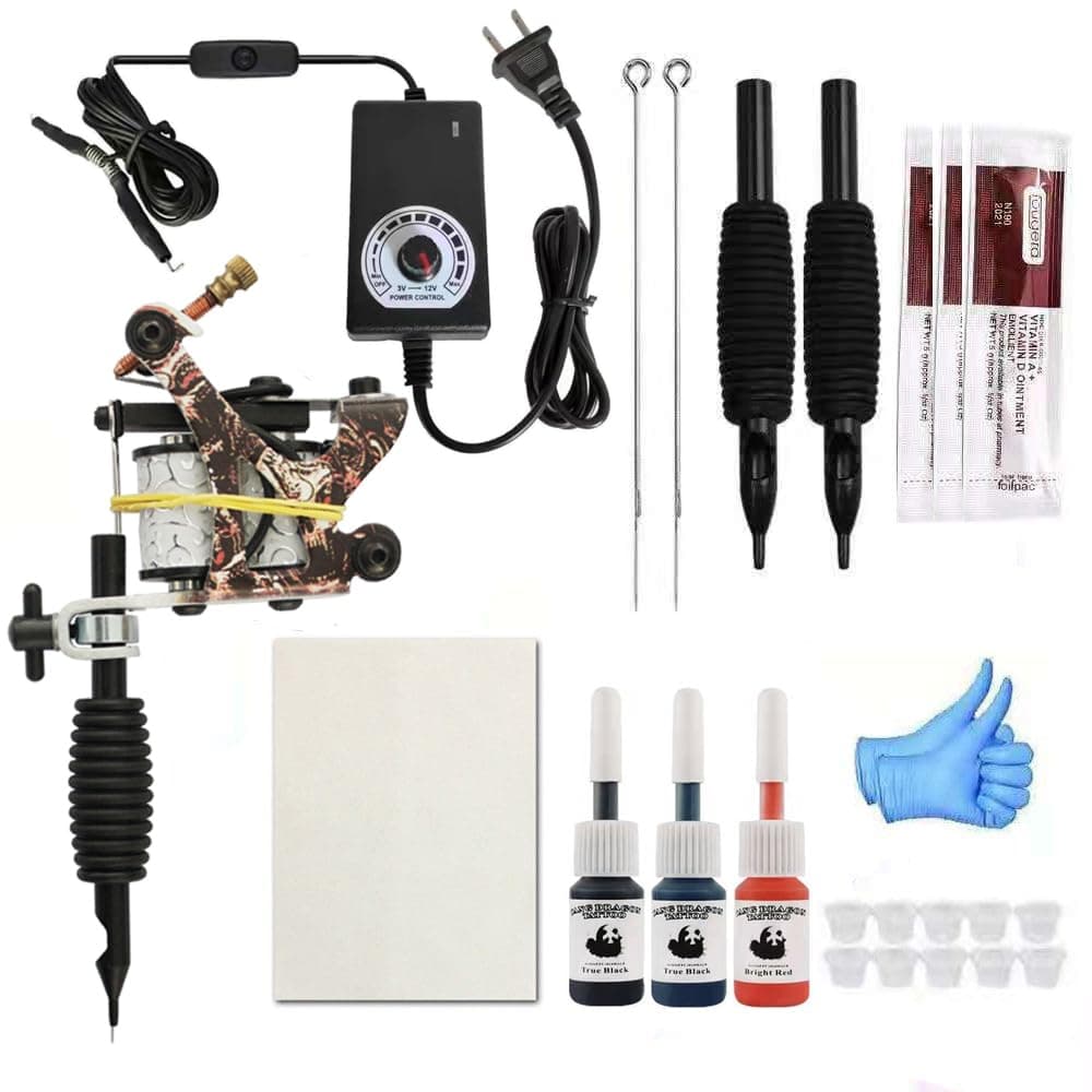 Complete Beginner Tattoo Kit - Power Supply, Ink, Needles & Pro Machine Guns