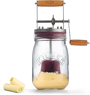 Kilner Premium Airtight Borosilicate Glass Butter Churner with Hand Crank, Acacia Wood Handle & Stainless Steel Gear - 1000ml | Ideal for Homemade Butter Making