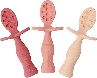 Upward Baby Spoons Self Feeding 6+ Months - 3 Pack, Chewable Toddler Utensils With Anti-Choke Barrier, Feeding Essentials, Silicone Spoons 4 Months+, Pink