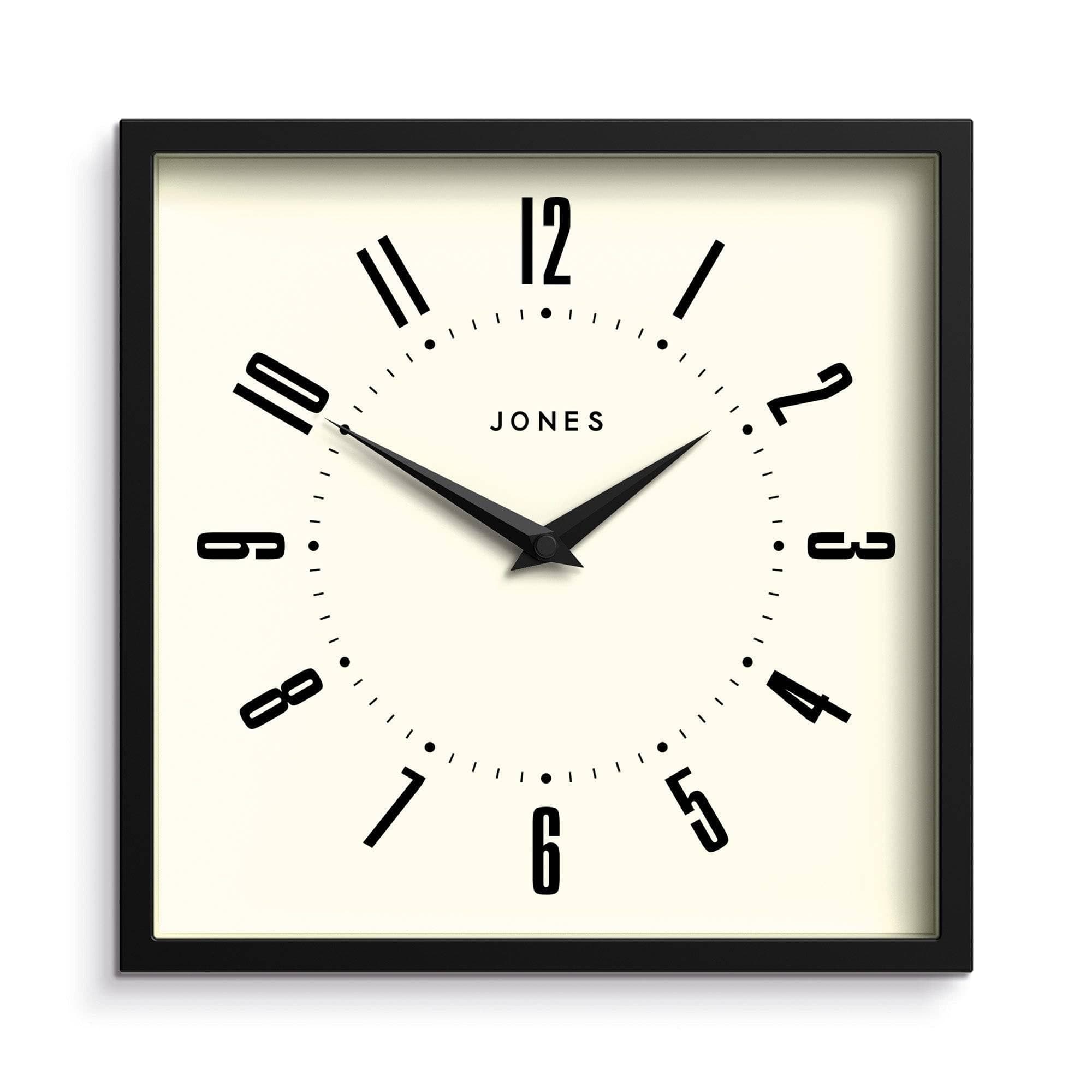 JONES CLOCKS Box Wall Clock Retro Square 25 cm Black Easy to Read Numbers Perfect Kitchen or Office Clock