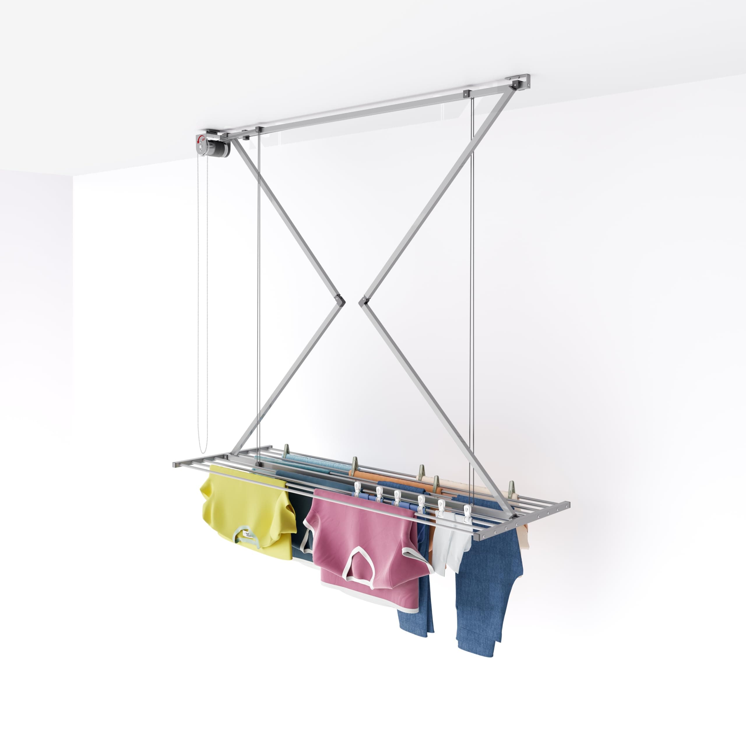 Mini, Ceiling Mounted Pulley Clothes Airer, Clothes Drying Rack, Vertical Folding Laundry Drying Rack in aluminium and steel 59.84x21.2x9.84 in (Grey, 150)