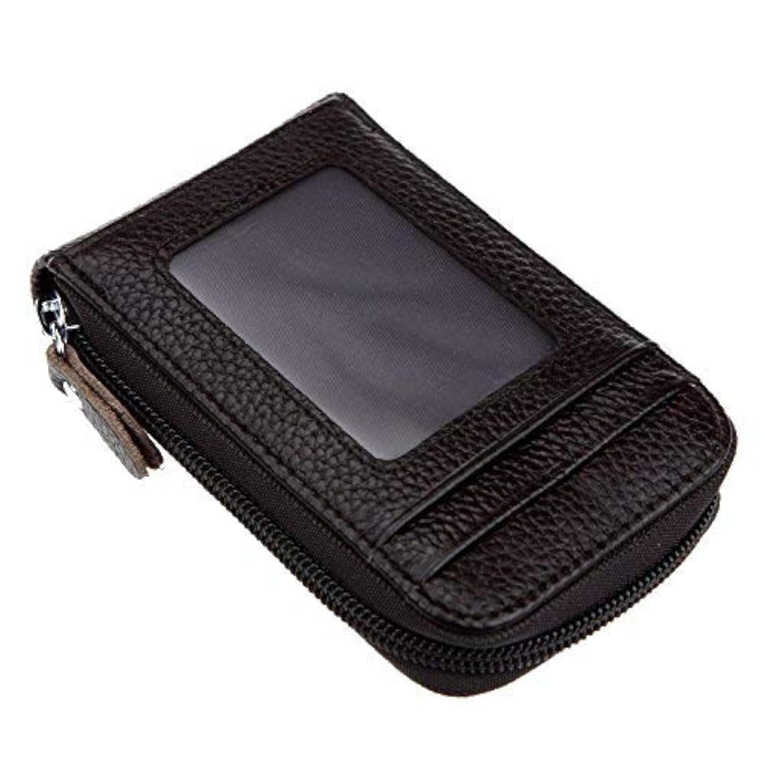 RFID Blocking Genuine Leather Mini Credit Card Case Organizer Compact Wallet with ID Window - Coffee
