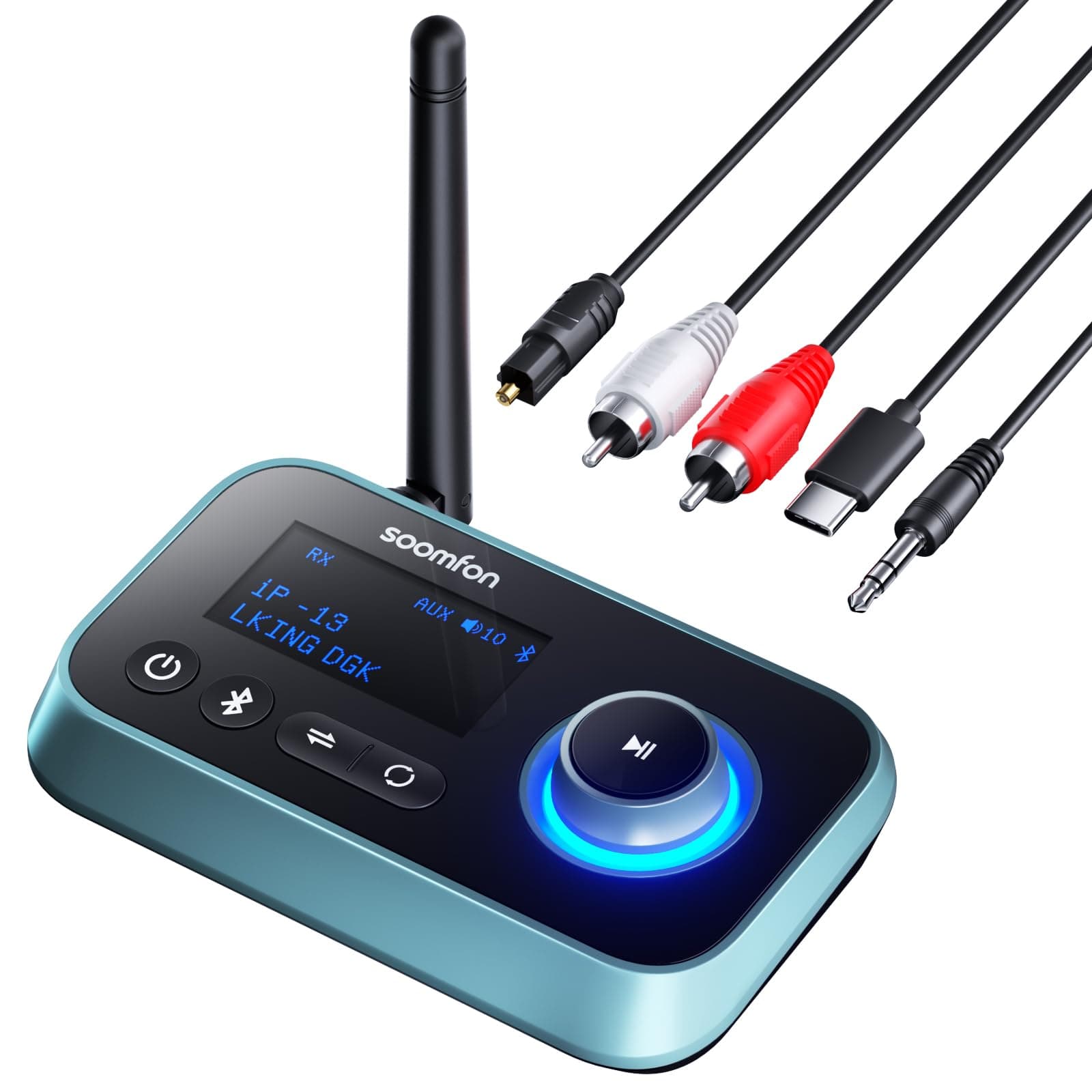 Bluetooth 5.3 Transmitter Receiver - SOOMFON Bluetooth TV Adapter with Volume Control, Dual Link Long Range Audio Bluetooth Transmitter for TV to Wireless Headphones (Optical, RCA, Aux)