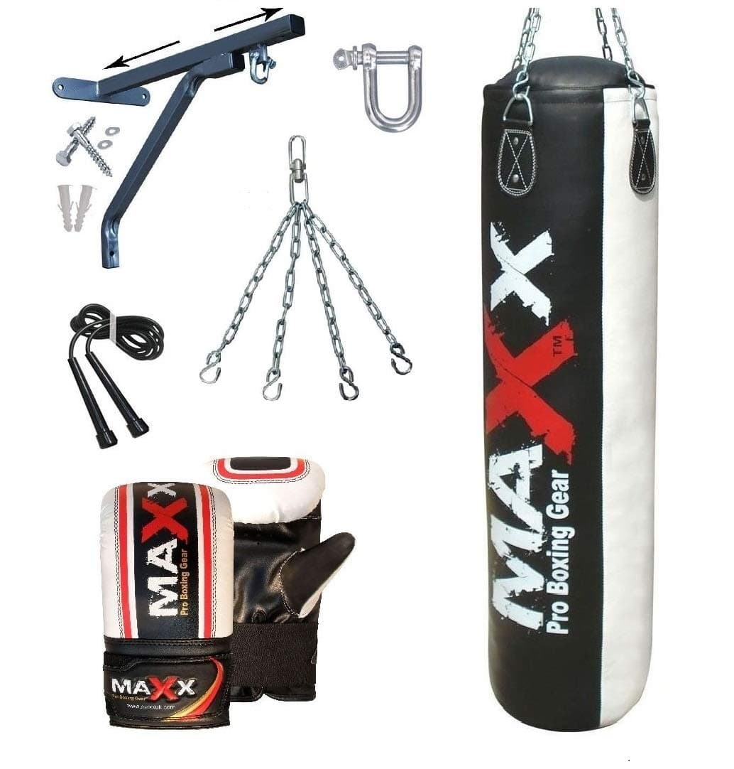 5pcs Punch bag set 5ft Blk/White Rex Leather boxing punchbag wall Bracket & Gloves