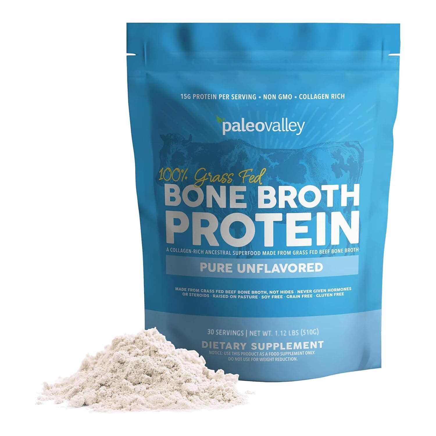 Paleovalley 100% Grass Fed Beef Bone Broth Protein Powder - Rich in Collagen Peptides for Hair, Skin, Gut Health, Bone and Joint Support - 15g Protein Per Serving - No Gluten or GMOs