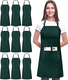 Utopia Kitchen 10 Pack Bib Apron Adjustable with 2 Pockets, Water and Oil Resistant, Cooking Kitchen Chef Apron for Women Men, Green, 10 Pack