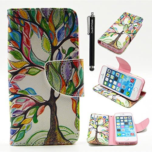 5S Case, iphone 5 5S Wallet CASE - Tree of Life Pattern Premium PU Leather Wallet Case Stand Cover with Card Slots Cash Compartment for Apple iphone 5 5S + CoolGiftCase Stylus