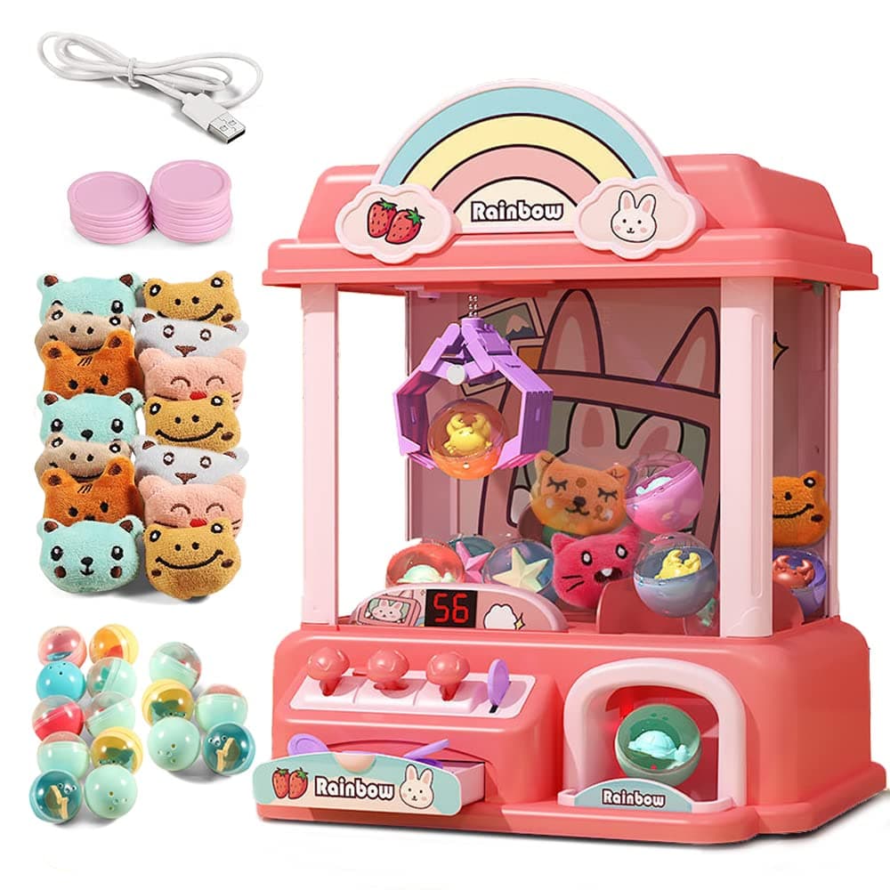 Claw Machine for Kids, Mini Vending Machines Arcade Candy Capsule Claw Game Prizes Toy, Electronic Small Pink Toys for Home, Adjustable Sounds and Music, Gifts for Adults Girls