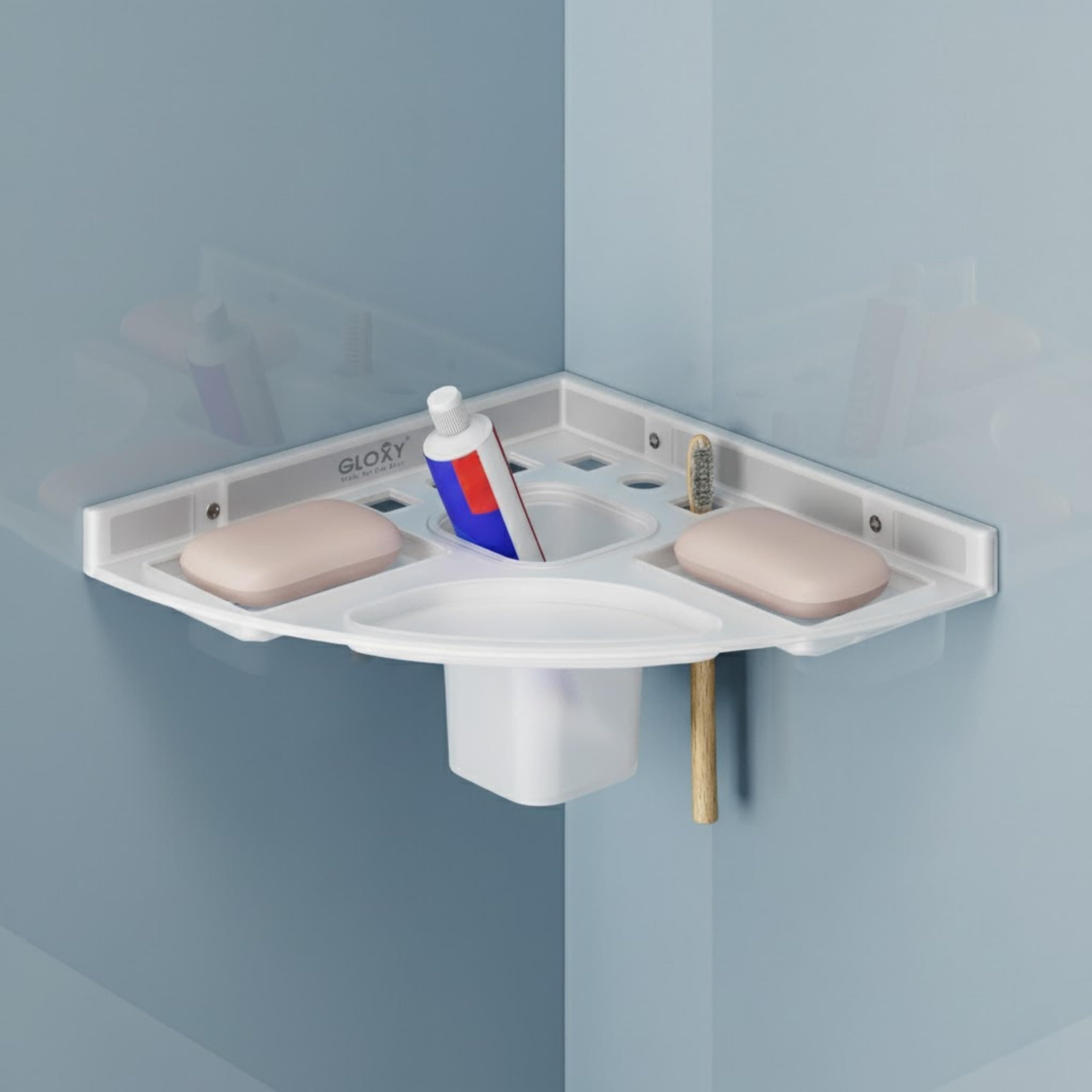 GLOXY Unbreakable Wall Mount Acrylic Corner Double soap Dish with Toothbrush & Tumbler Holder Shelf Usable for Bathroom and Wash Basin Area, Bathroom Accessories