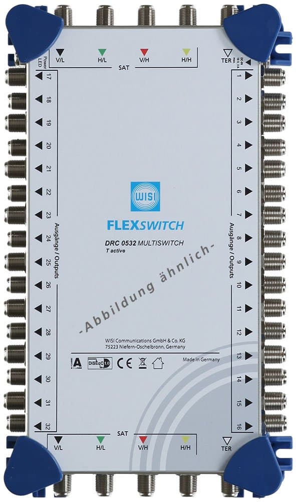 WISI FLEXSWITCH DRC 0524 Multiswitch – Cascadable 5-in-24 Multiswitch with Active Terrestrial Branch for 24 Users – For DVB-T/T2, DVB-S/S2, DAB & VM, Silver