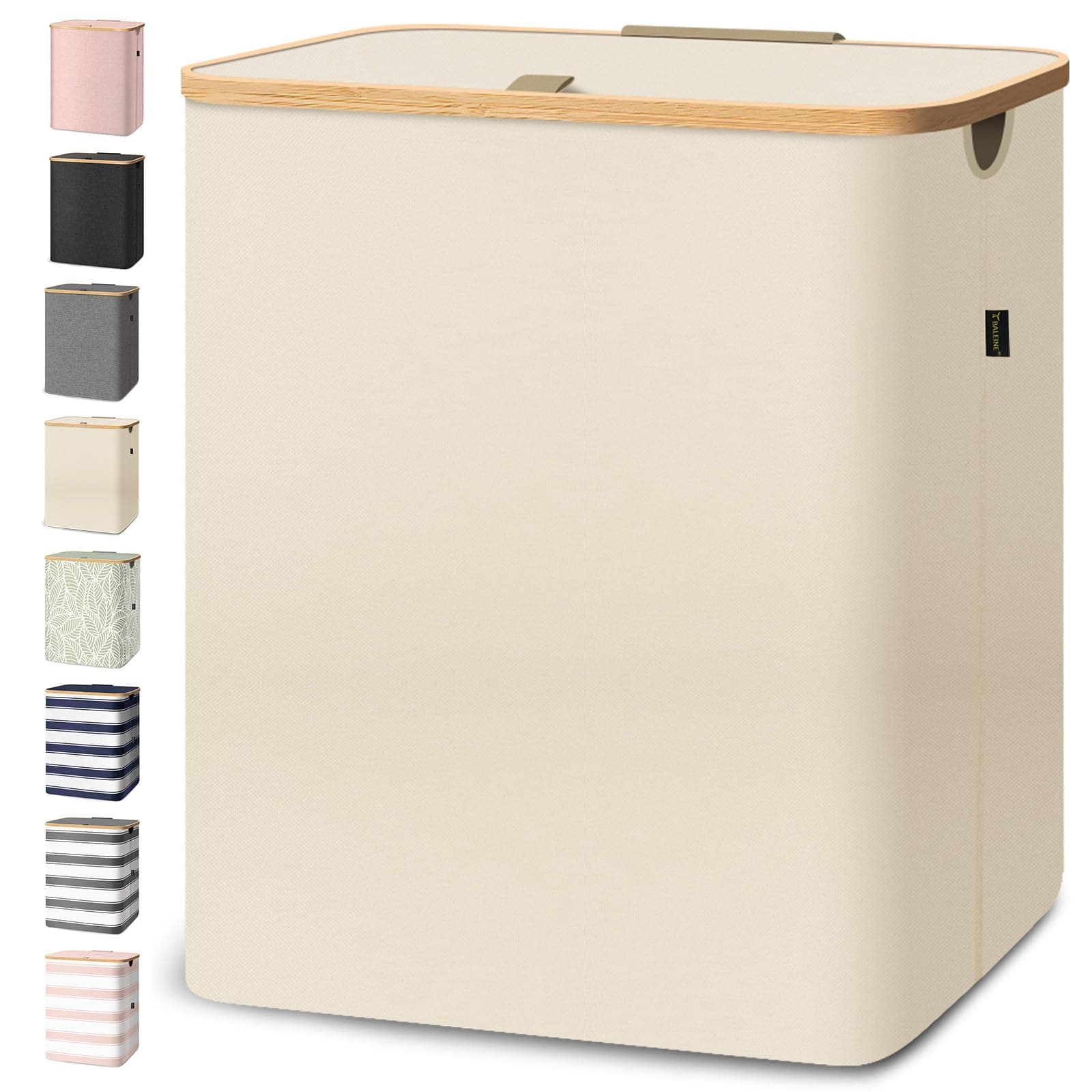 BALEINE Laundry Hamper with Lid, Tall Laundry Baskets with Bamboo Pull Handles, Large Laundry Bin with Internal Support (40 Gallon, Beige)