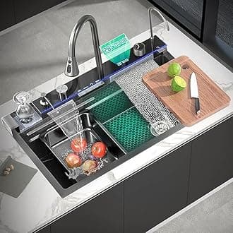 EVANEX Kitchen Sink 30"x18"x9" Piano Waterfall Sink Fully Integrated Waterfall & Pull-down Faucet | 304 Grade Stainless Steel Nano Black Finish Kitchen Sink with LED Pannel & Digital Display