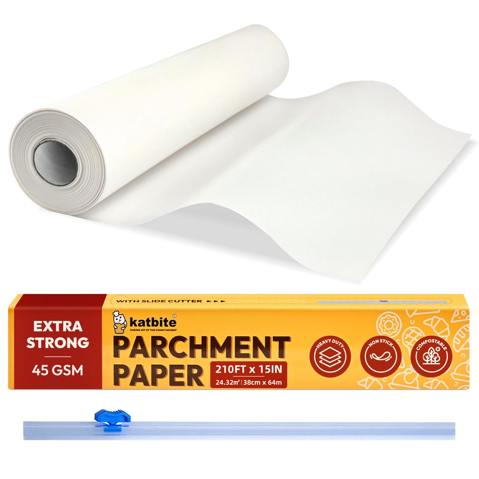 Katbite Parchment Paper Heavy Duty White Baking Parchment Roll, 38CM x 64M, Non Stick Baking Paper Roll for Baking, Cooking, Freezing, for Oven, Kitchen, Air Fryer, Freezer, Pastry