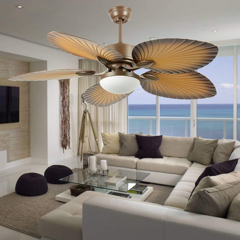 52" Tropical Palm Ceiling Fan with LED Light and Five Palm Leaf Blades - New Bronze Finish