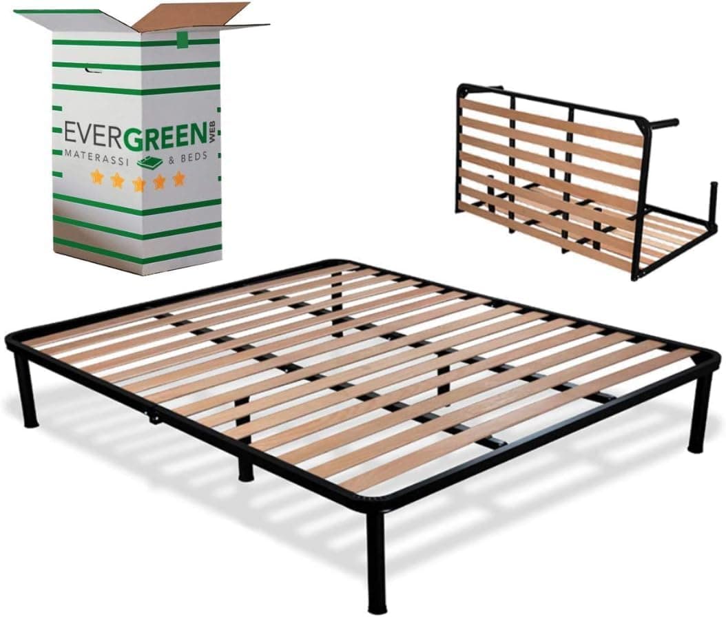EVERGREENWEB – Folding Double Bed Frame 160x200-35 cm High with strong Iron Frame and Beech Wood Slats, Orthopedic Bed Base FULLY ASSEMBLED + 6 Legs for all Mattresses & Pillows, 100% ITALIAN