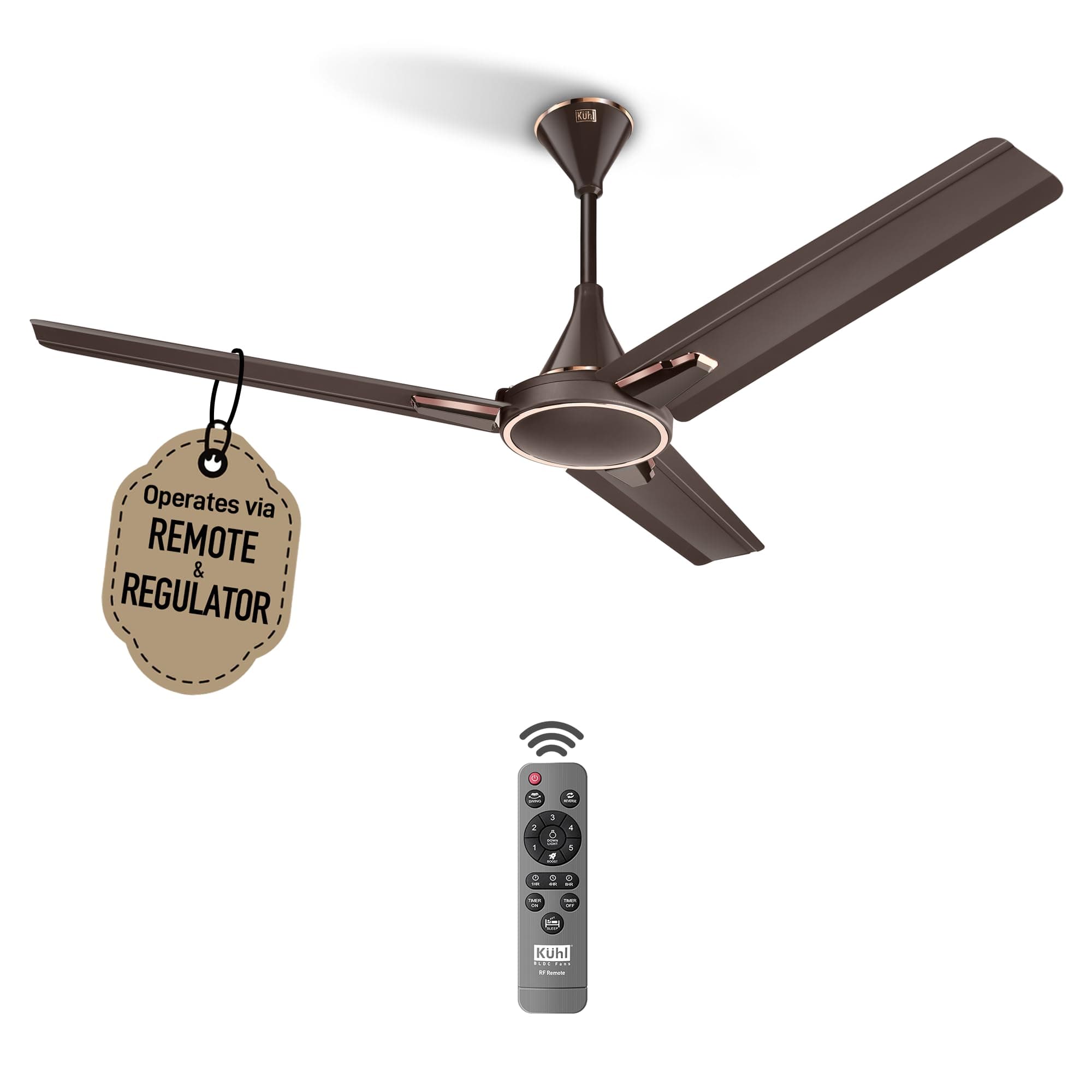 KUHL Prima A1 Duo 1200MM 65% Power Saving BLDC Ceiling Fan | BEE 5 Star Rated & ISI Marked | 29W | High Air Flow & Low Noise | Remote & Regulator Operated | 5 Year Warranty on Motor | Espresso