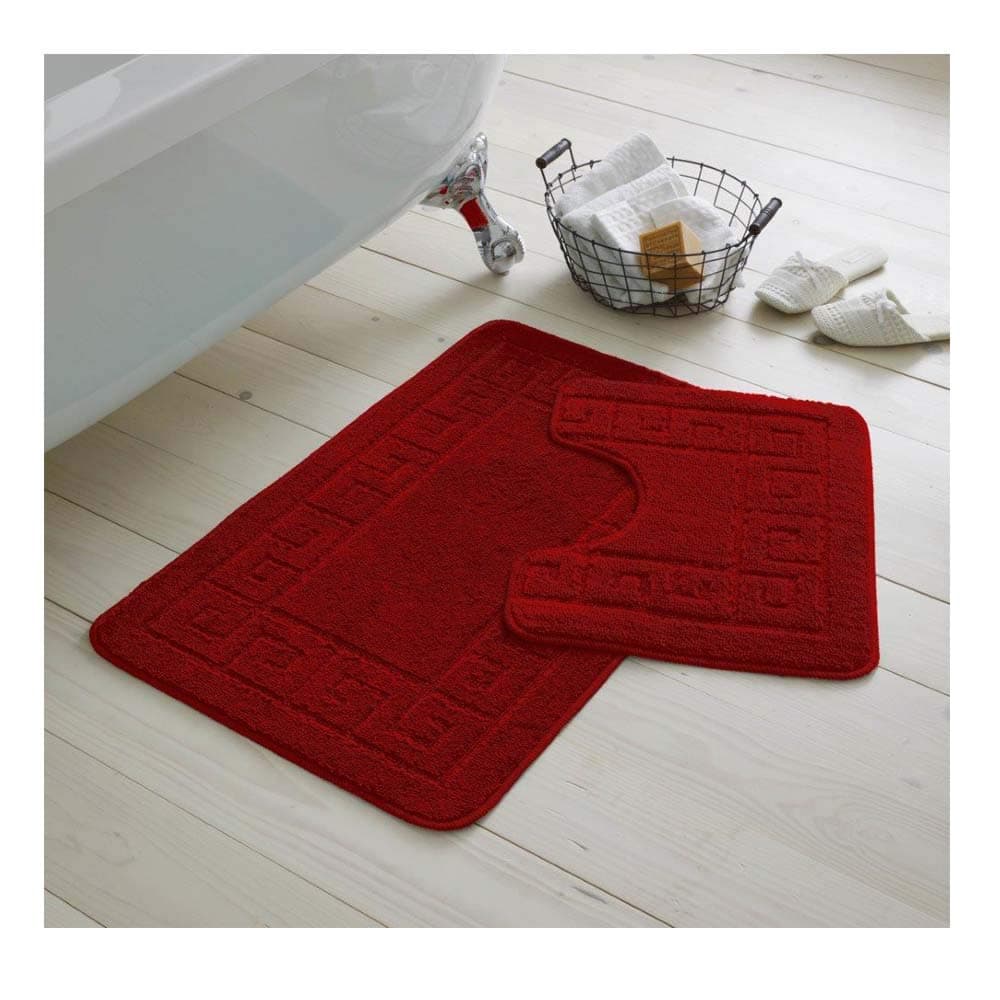 De Lavish Bath Mat Set 2 Piece Non Slip Rubber Pedestal and Bath Mat Set Toilet Greek Bathroom Rug New (Red)
