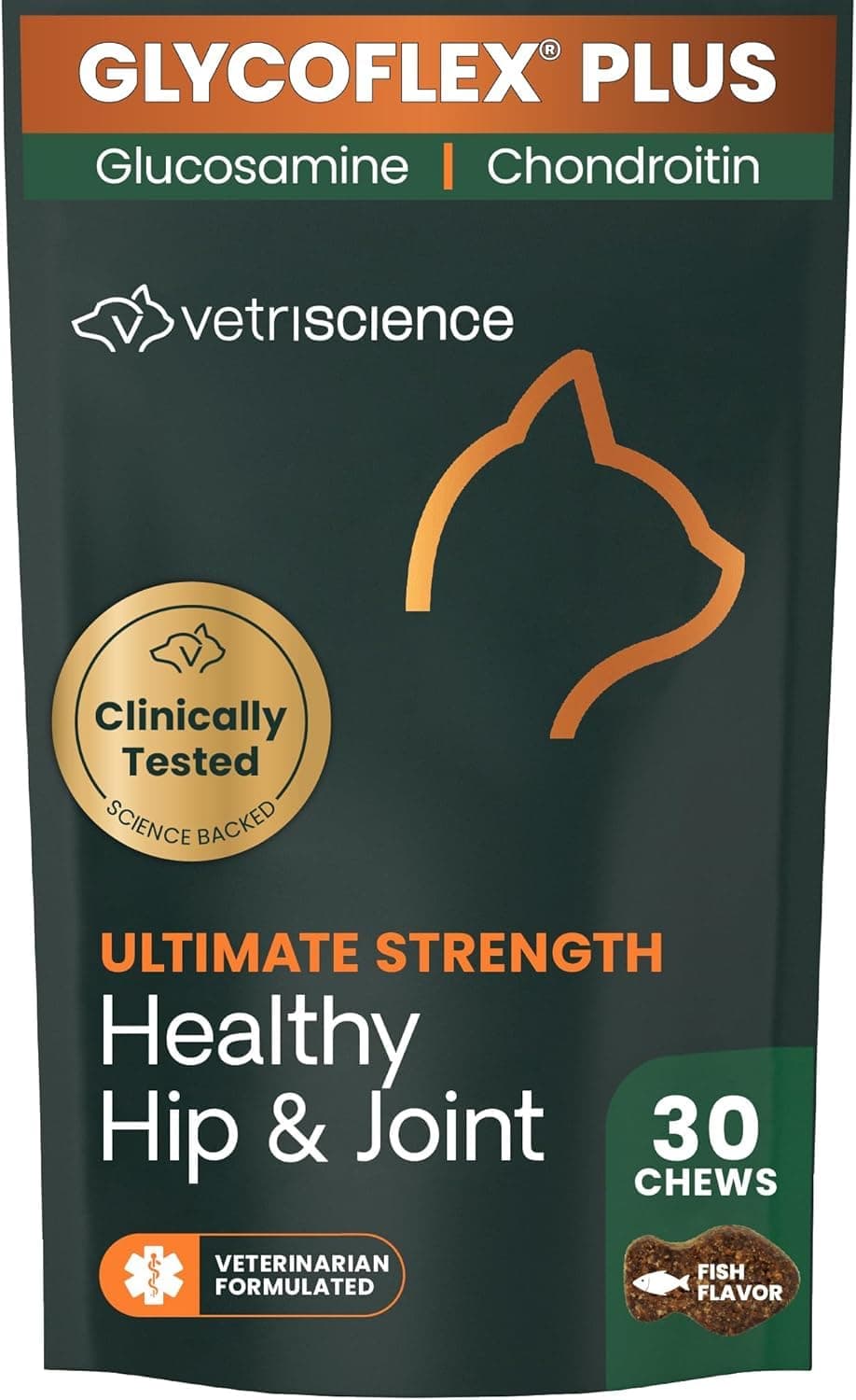 VetriScience Ultimate Strength Healthy Hip & Joint Chews, GlycoFlex Glucosamine, Chondroitin and Green-Lipped Mussel Joint Supplement for Cats, Soothe Joint Discomfort, Fish, 30 Count