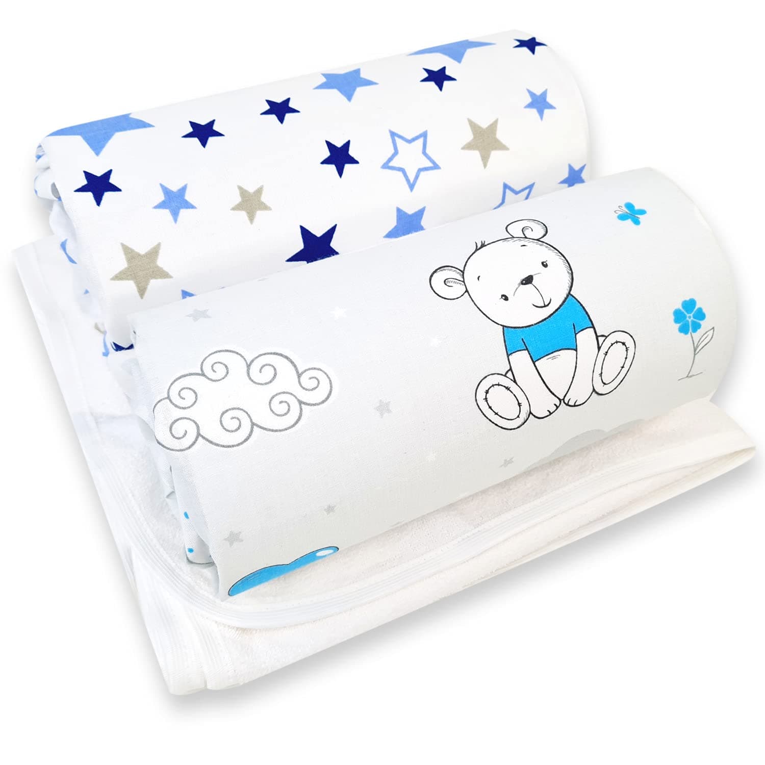 Next to Me Crib Sheets – 3pc Baby Bed Set with 2 Fitted Sheets and 1 Waterproof Mattress Protector – 100% Cotton Fitted Baby Crib Sheet Set – 83 x 50cm Made in Europe