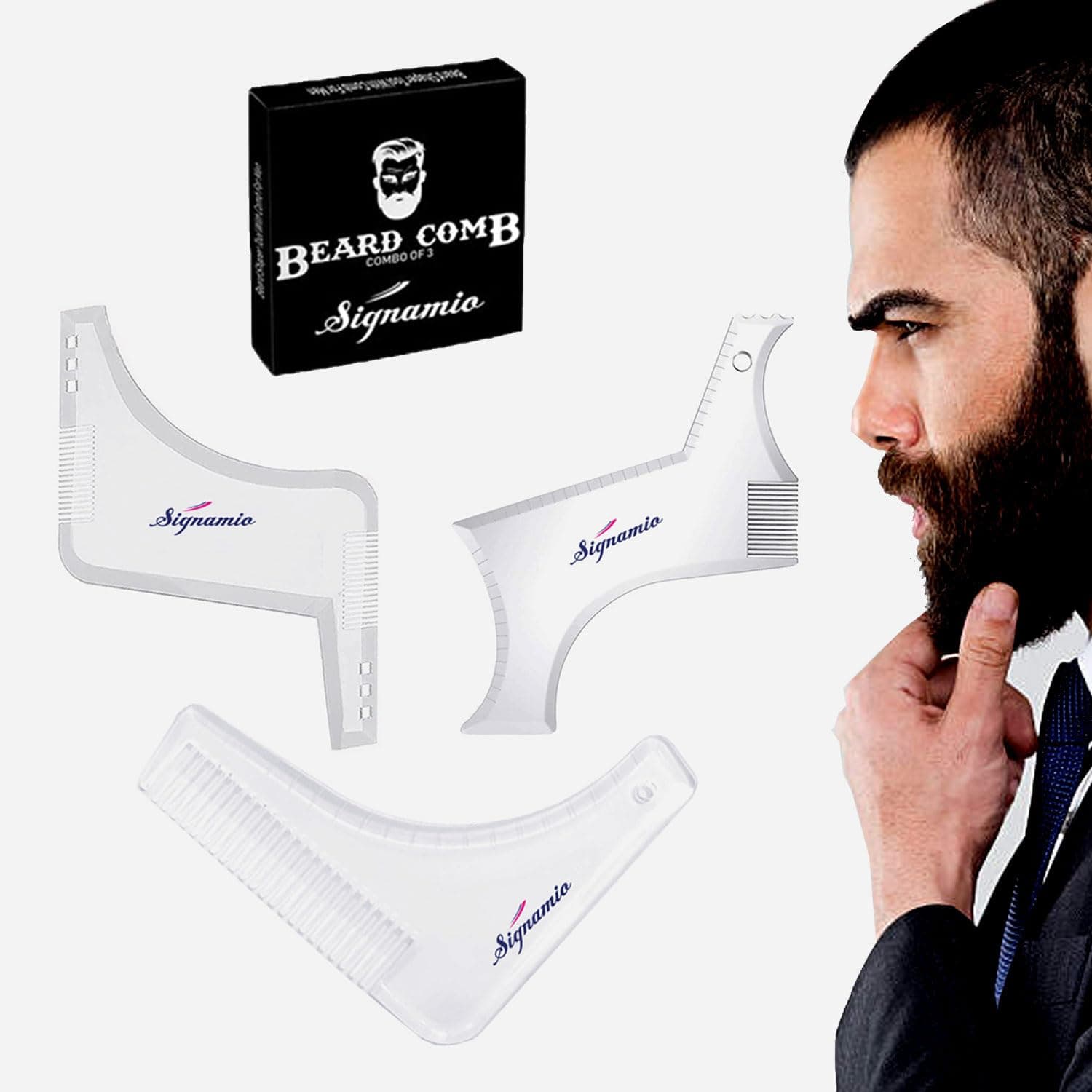 SIGNAMIO Set of 3 Multi Purpose Transparent Beard Shaper tool for Men | Beard Shaping Stencil Comb for men styling shave for neck line guide - Grooming kit