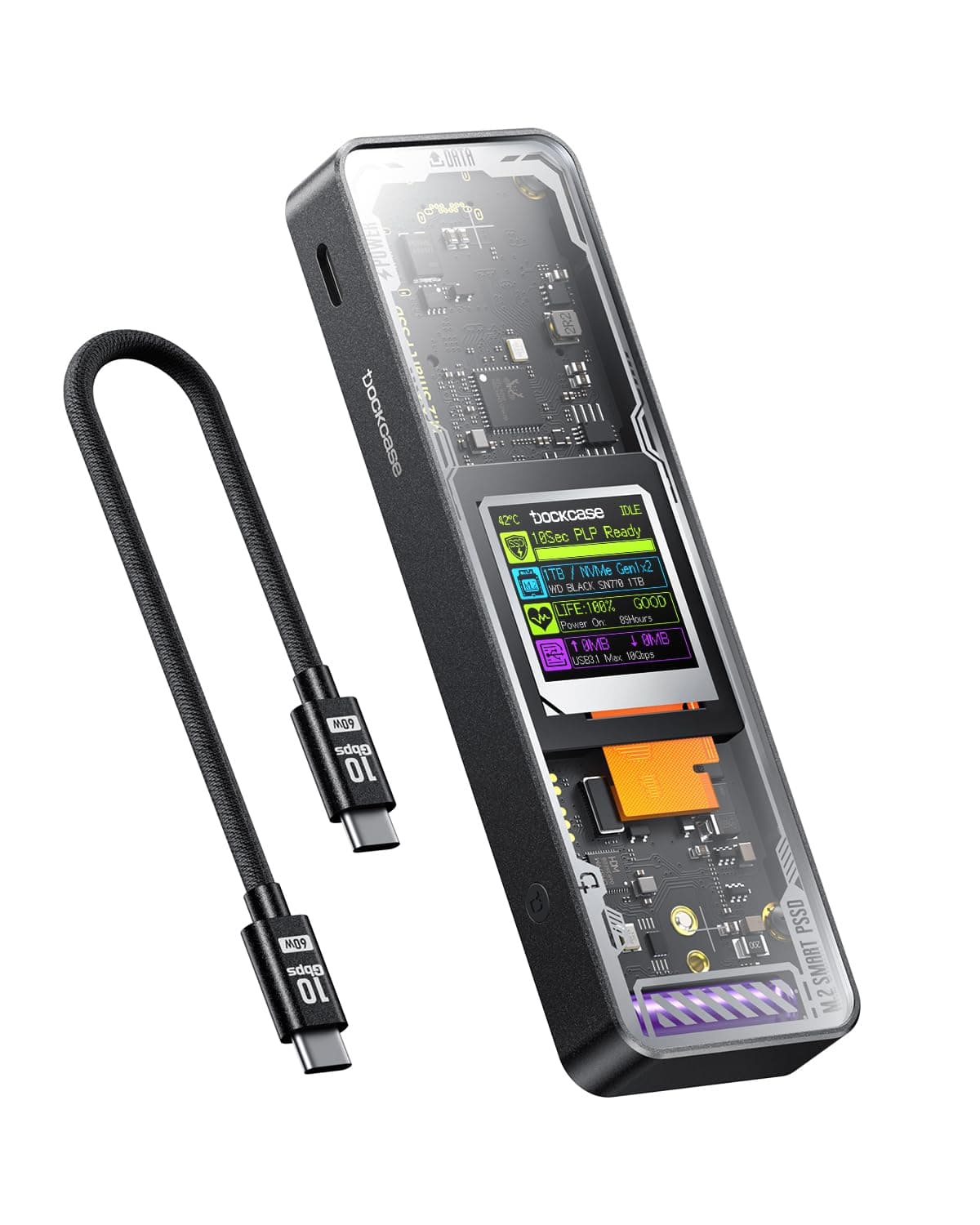 M.2 NVMe SSD Enclosure 10Gbps USB-C with Real-Time Display, Prevent Data Loss During Unexpected Power Cuts, SSD Health Alert, Supports 2230-2280, Compatible with MacBook & Windows Black