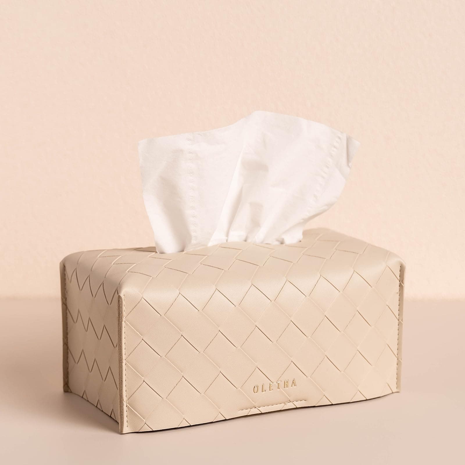 OLETHA Aesthetic Rectangle Tissue Box Cover, High Flat Box Tissues Holder Rectangular, Woven Textured, Light Taupe