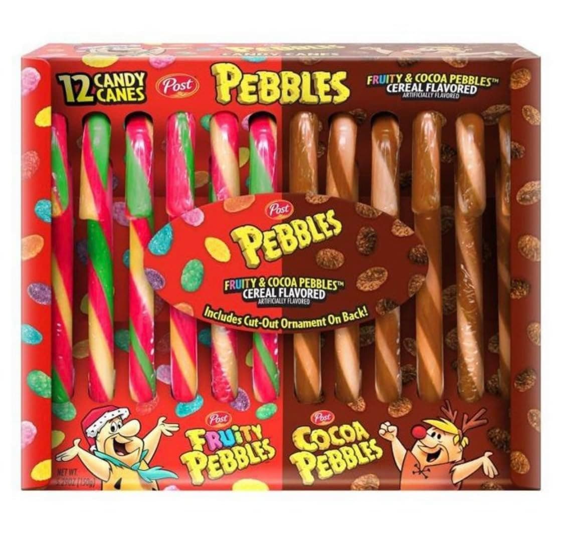 Post Pebbles Cereal Candy Canes - 6 Fruity Pebbles Flavored Candy Canes and 6 Cocoa Pebbles Flavored Candy Canes, 12 Count Total, 5.29 Oz