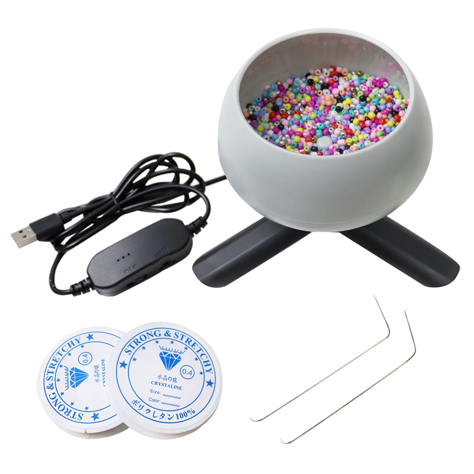 Bead Spinner Electric Beads Spinner Adjustable Speed Beading Bowl with Curved Beading Needles and Elastic String, Waist Bead Spinner Kit for DIY Seed Beads (Upgraded)